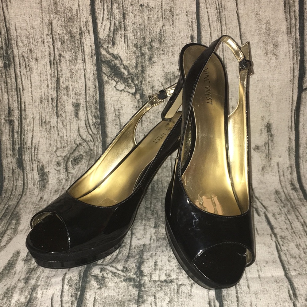 Nine West Black Patent Leather Peep Toe Slingback Heels